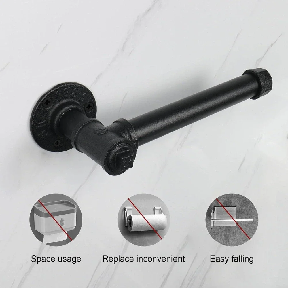 Industrial Black Iron Pipe Toilet Paper Holder Wall Mount Towel Rack Farmhouse